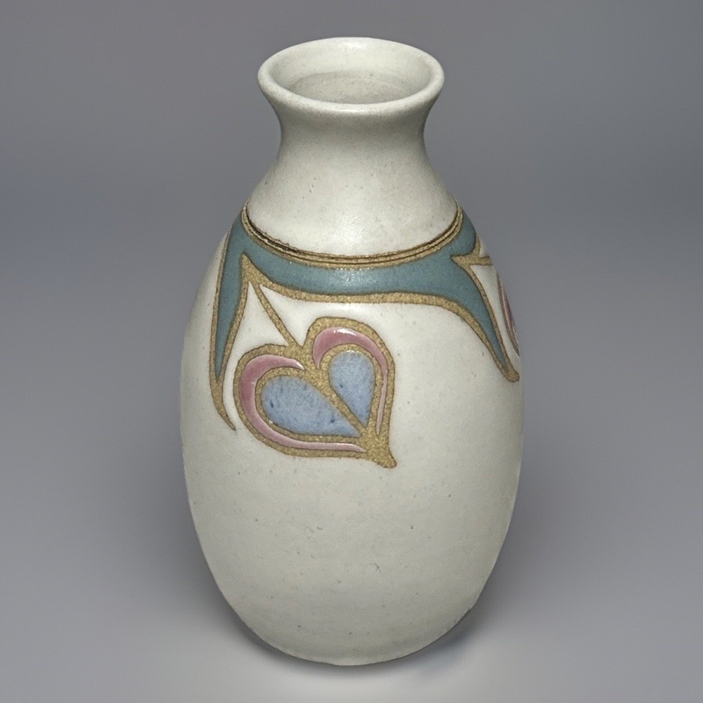 Hand Crafted Ceramic Vase Blue Pink Heart Design Matte Glaze Unique Art Pottery - Picture 4 of 8